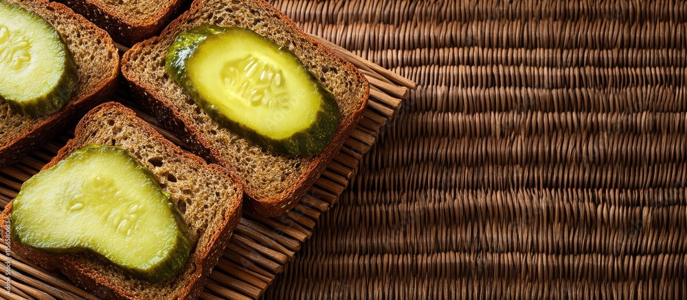 Poster freshly sliced pickle rye bread on wicker surface with cucumbers and empty space for text or brandin
