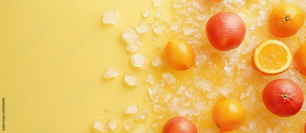 Poster refreshing orange mango smoothie with fresh oranges and ice on yellow background with space for text