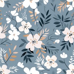 A floral pattern featuring various flowers and leaves on a soft blue background.