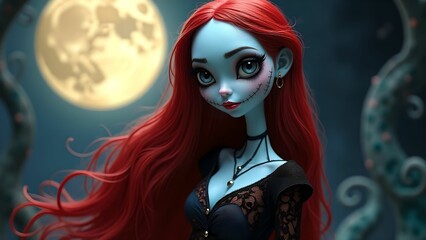 Cartoon character girl doll with red hair at night on the background of the moon