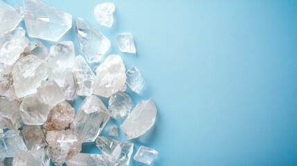Crystal quartz healing stones arranged on a blue background with ample space for your customized text or creative ideas