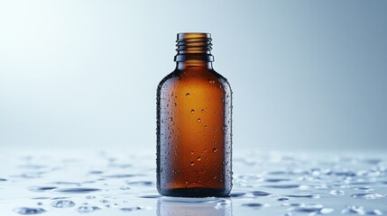 Obraz premium Amber glass bottle with water droplets on a reflective surface.