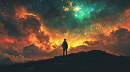 Fototapeta premium Contemplating the Cosmos: A Solitary Figure Against a Vibrant Night Sky