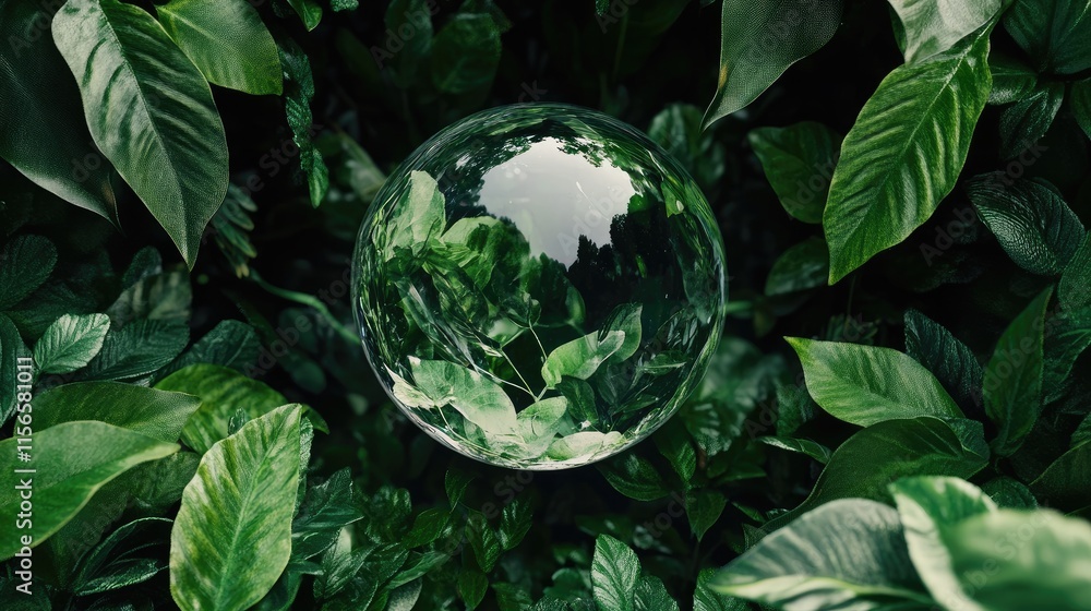 Poster crystal orb surrounded by vibrant green leaves in a lush natural setting with ample copy space for t
