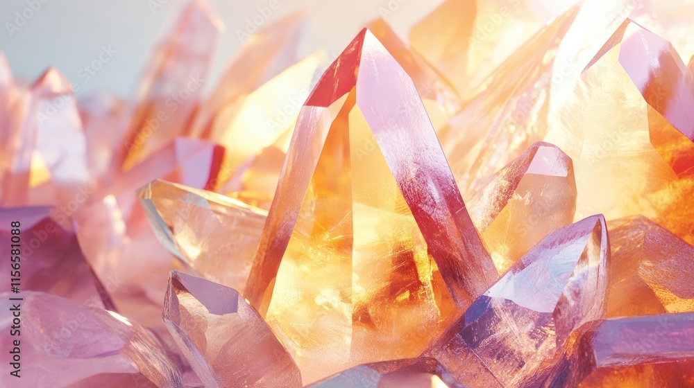 Poster vibrant crystal formations reflecting light with warm hues and empty space for creative text or bran