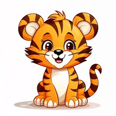 Cartoon tiger cub with big eyes and smiling expression isolated on white background.children's storybooks, cartoons, and playful illustrations with an animal theme.joy, innocence, and cuteness. Friend