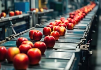 Obraz premium Photo of a conveyor belt with apples in an apple factory, surrounded by modern machinery and technology.