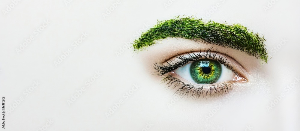 Poster green eyebrows and eye close up on light background with copy space for text