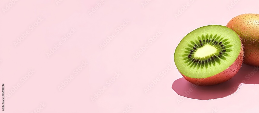 Poster fresh kiwi fruit halves on soft pink background with ample space for text and design elements