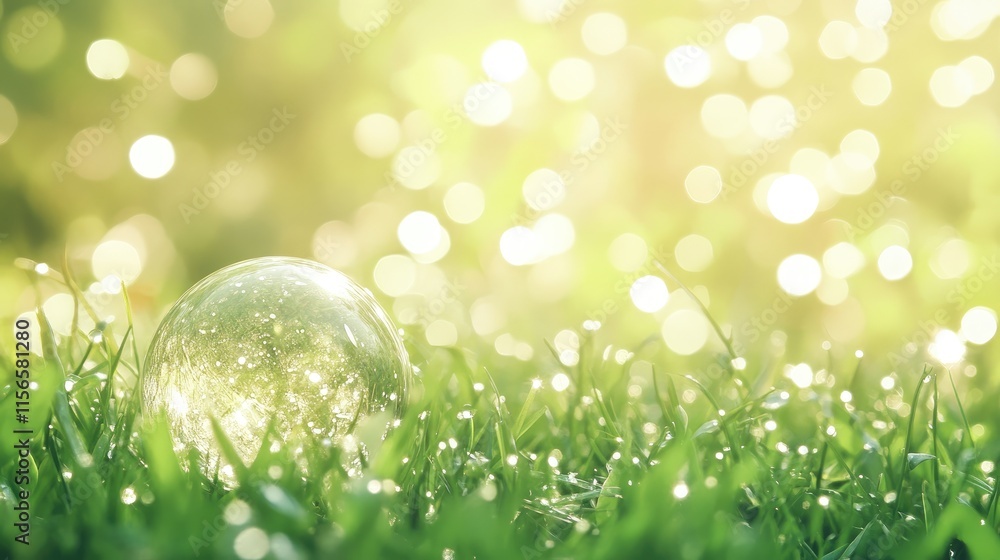 Poster crystal globe on dewy grass with blurred bokeh background for eco-friendly design concept and empty 