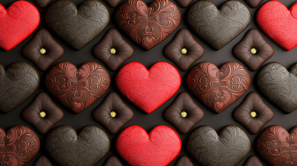 Obraz premium seamless Valentine Day background featuring intricately designed hearts in various colors, including red, brown, and dark tones, creating romantic and festive atmosphere