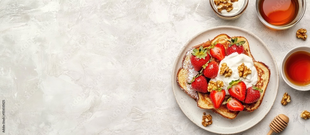 Poster delicious french toast topped with strawberries honey walnuts and yogurt on a plate with empty space