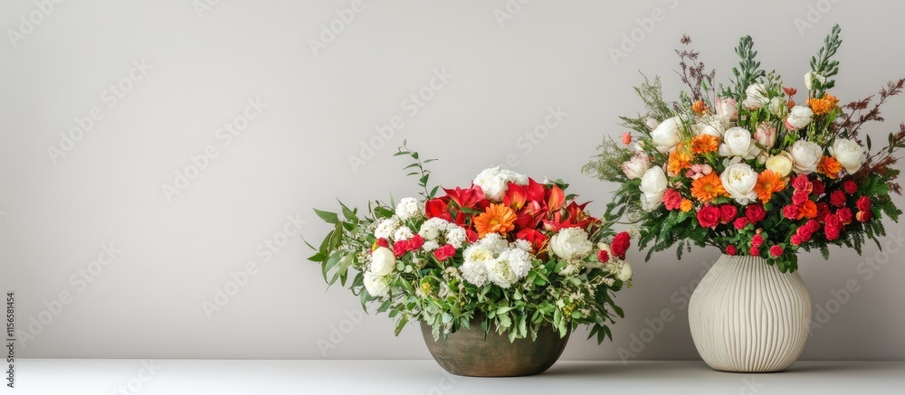 Poster elegant flower arrangements with vibrant blooms in decorative vases on a neutral background featurin