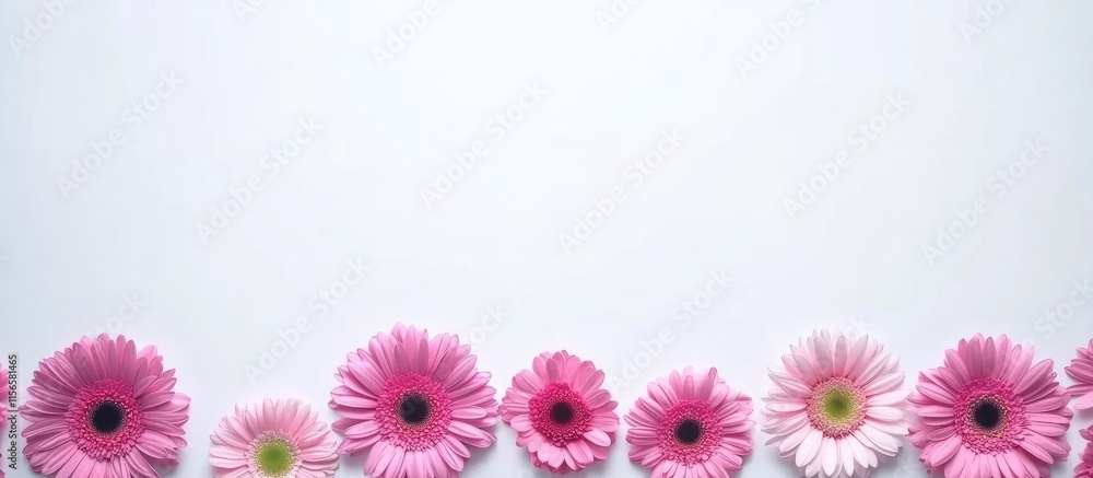 Poster colorful flower arrangement in a row on white background top view with blank space for text creating