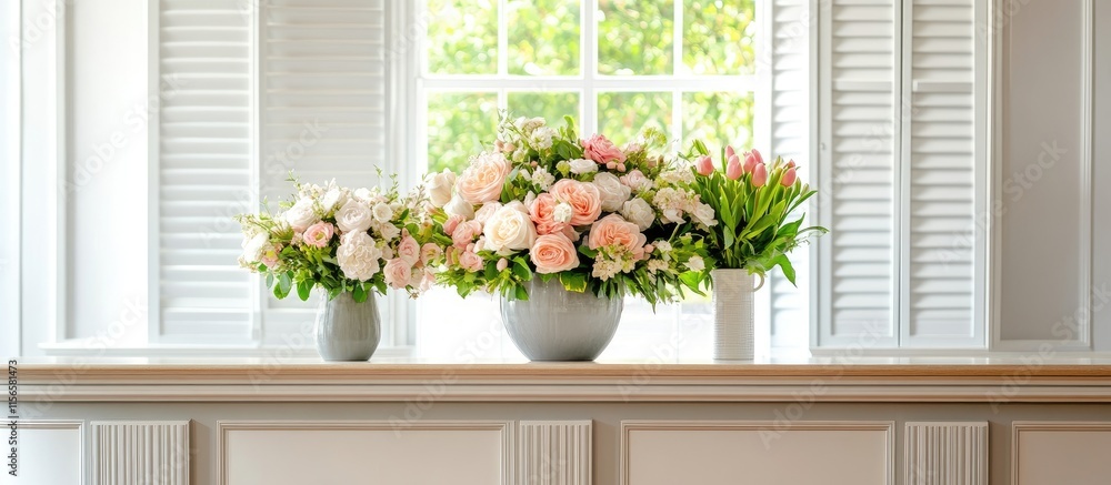 Poster elegant flower arrangements on a reception desk with window shutters and ample copy space for brandi