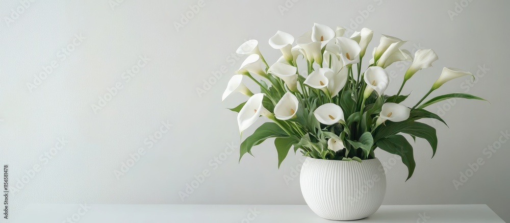 Poster Spring floral arrangement with white calla lilies in a sleek vase on a minimalistic table and empty space for personalized text or message
