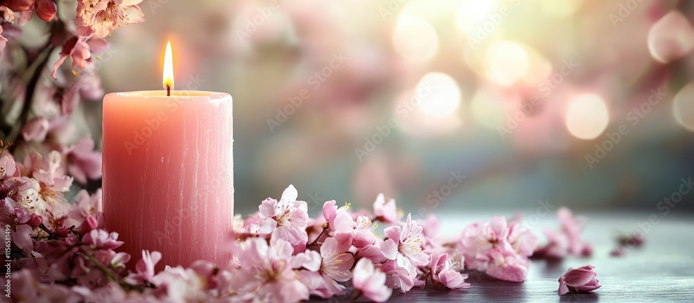 Poster candle and blossoms for meditation creating a serene atmosphere with empty space for inspirational t