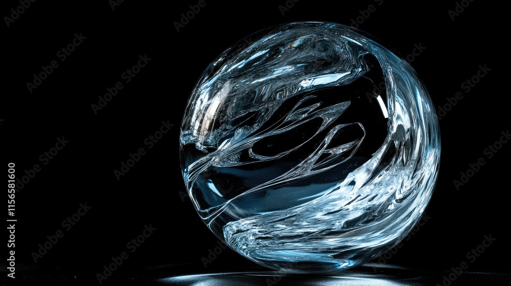 Poster spherical crystal glass ball with intricate patterns on a dark background ideal for showcasing text 