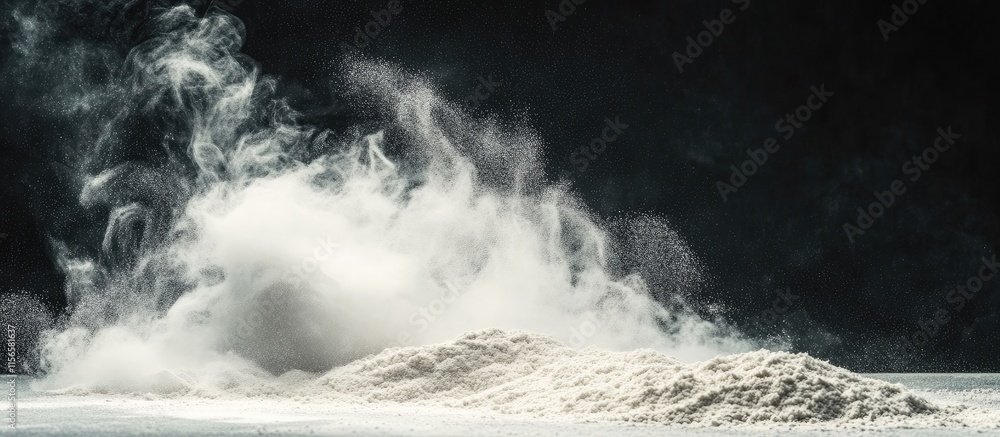Poster flour particles swirling elegantly in the air on a dark background creating a dramatic effect with a