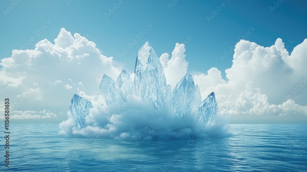 Aufkleber crystal formations above calm ocean waters surrounded by clouds with ample space for text and creati