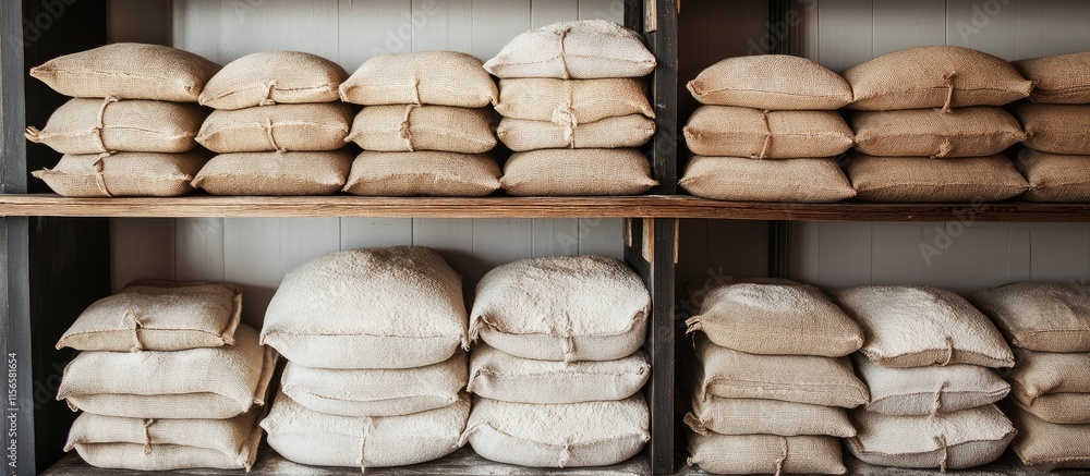Aufkleber flour sacks neatly stacked on bakery shelves with abundant empty space for text and creative adverti