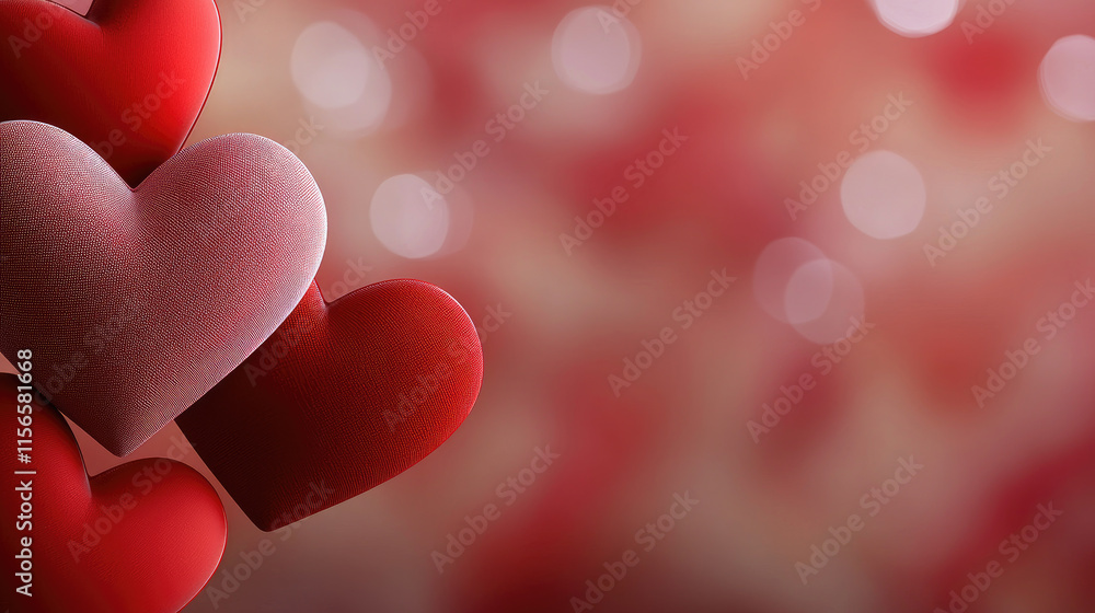 Poster hearts in various shades of red create romantic atmosphere with soft focus bokeh background. perfect