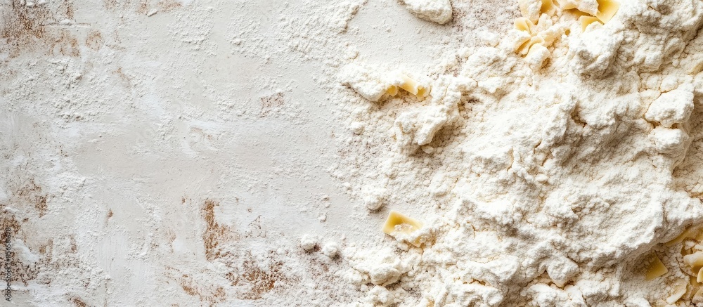 Poster flour and pasta scattered on a rustic wooden table with empty space for creative text and culinary d