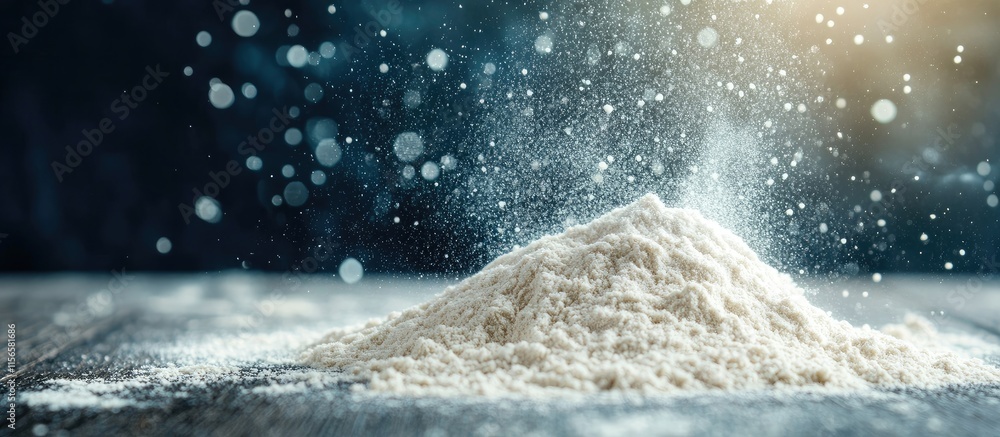 Aufkleber flour falling gracefully on a textured dark surface with a soft bokeh background creating a perfect 