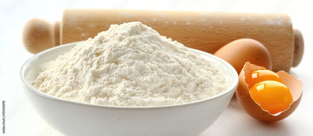 Aufkleber baking ingredients featuring flour eggs and rolling pin on table with ample empty space for culinary