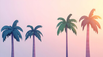 Obraz premium Tropical Paradise, Four Palm Trees Silhouetted Against a Soft Pink Sunset Sky, Evoking Serenity and Vacation Vibes.