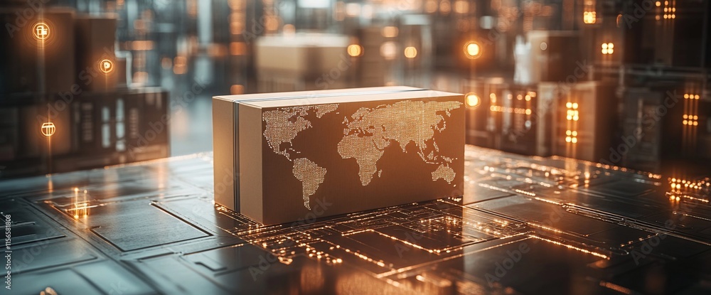 Poster a cardboard box with a world map design, set in a futuristic digital environment.