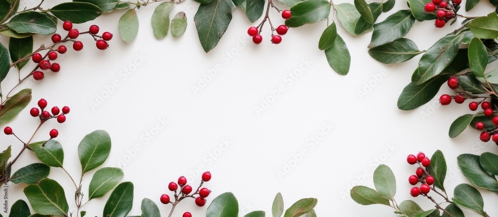 Aufkleber floral wreath of green leaves and red berries creating a decorative border with empty space for pers
