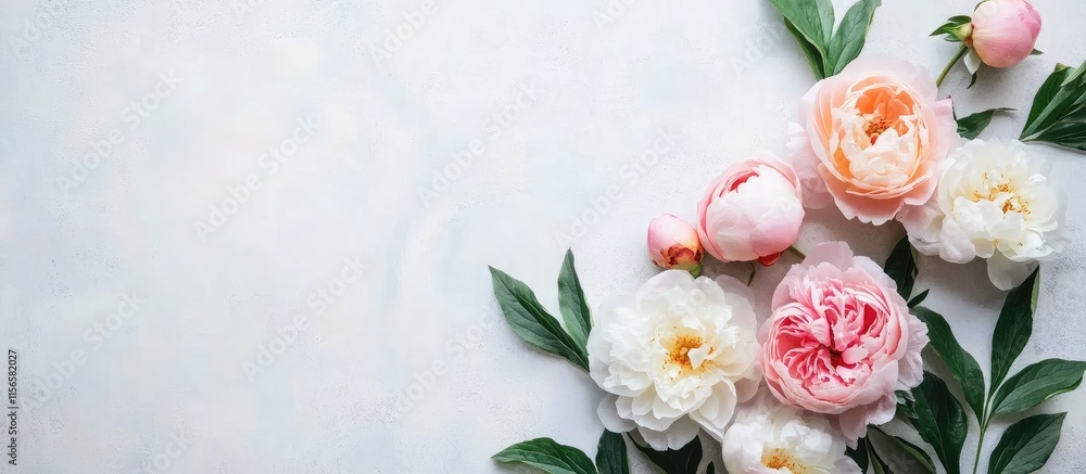 Poster pastel peonies and roses floral flat lay composition with empty space for text in an elegant top vie