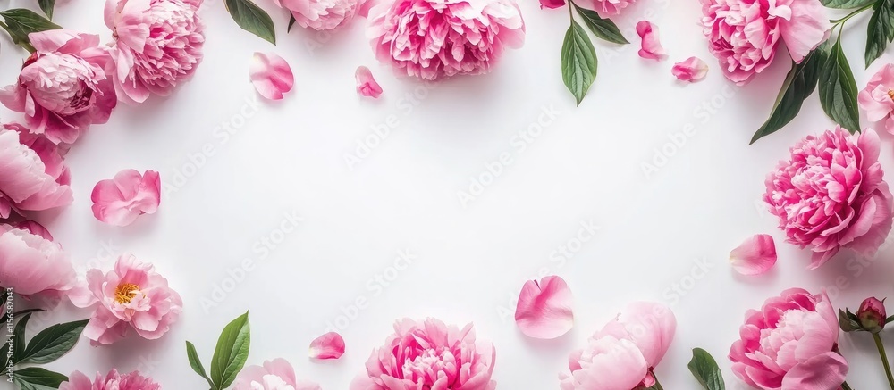 Aufkleber pink peony floral frame on white background celebrating spring femininity with empty space for text 