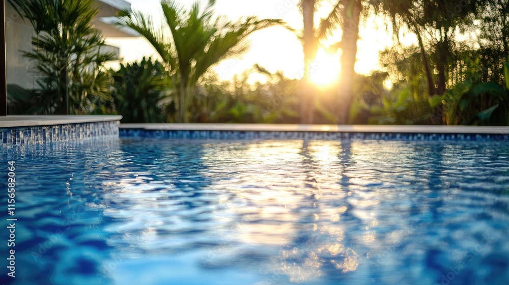 Poster luxury swimming pool at sunset with crystal clear water and palm trees creating a serene summer vaca