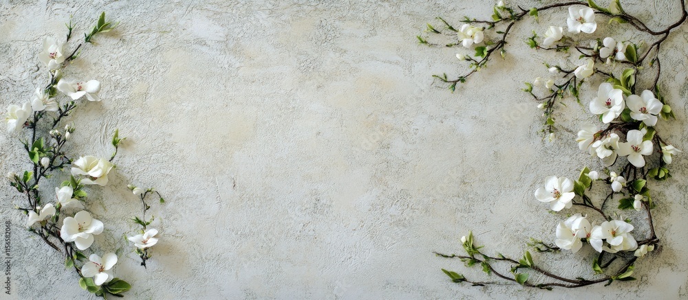 Poster floral frame featuring white spring flowers and green twigs on a textured background with empty spac