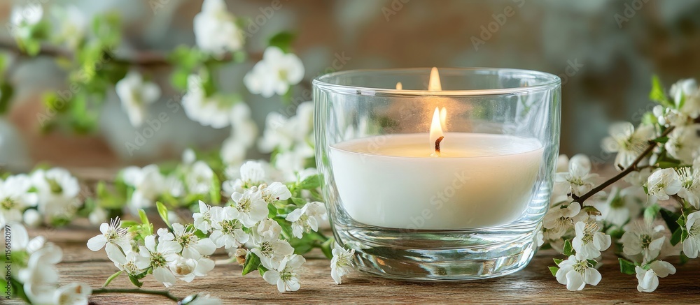 Poster serene candlelight with fresh white flowers elegantly arranged, creating a tranquil atmosphere and a
