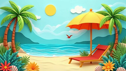Obraz premium Tropical Beach Scene with Palm Trees and Sun Lounger