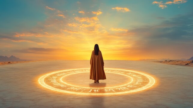 Numerology Fortune Telling: Woman Standing in Desert Surrounded by Magic Numbers to Predict Future