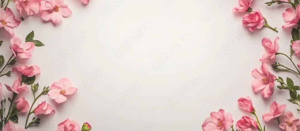Poster floral data analysis and management workspace with pink flowers and blank space for text or graphics