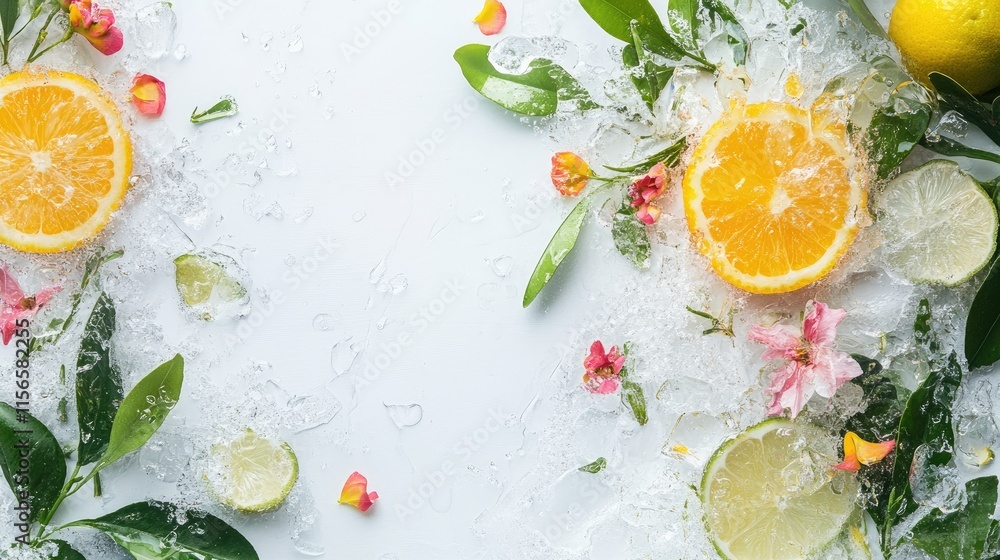 Poster fresh citrus and floral splashes with ice and empty space for text ideal for summer promotions or we