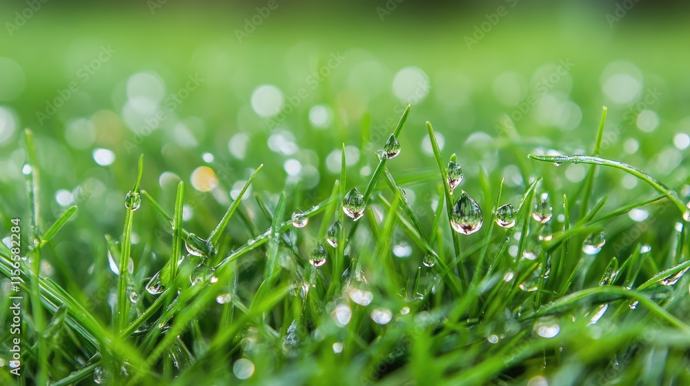 Poster raindrops on lush green grass with soft reflections creating a serene natural atmosphere and ample s