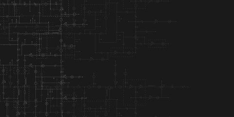 Electrical circuit diagram. Dark tech background with borders from components of conductors, connections, controllers, transistors