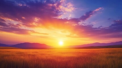 Fototapeta premium Cloudy wide landscape of open plains with sun in background and green meadow on the ground, blue clean sky nature view