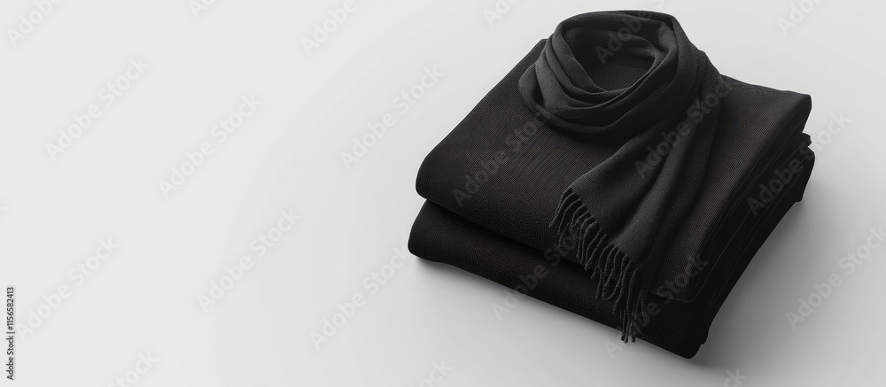 Poster black crew t-shirt and black scarf mockup on folded fabric with empty space for customization and br