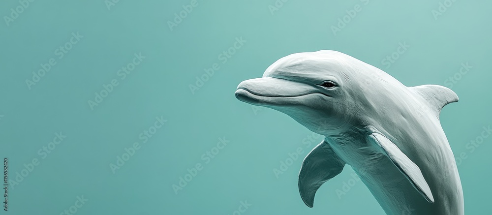 Poster Elegant white dolphin sculpture in serene water setting with empty space for customizable text or branding design