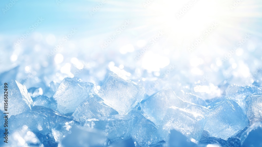 Poster crystal clear ice blocks sparkling in sunlight against a serene frozen backdrop with shades of blue 