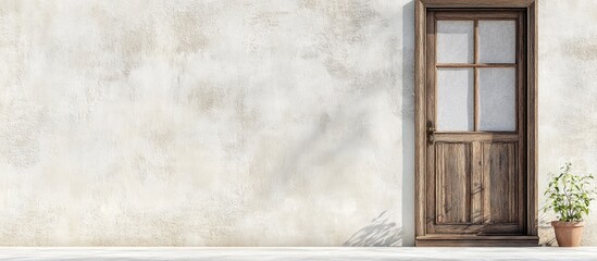 Fototapeta premium Facade of vintage house with stucco wall and wooden door featuring empty space for text and decorative potted plant for design context