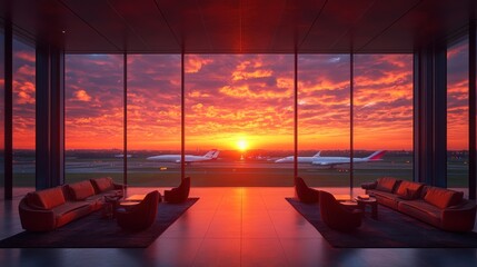 A modern lounge with panoramic windows showcasing a vibrant sunset over an airport runway.