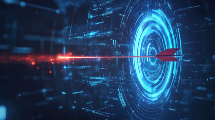 The target and the arrow hologram. Digital and technological background of the target. Futuristic archery design